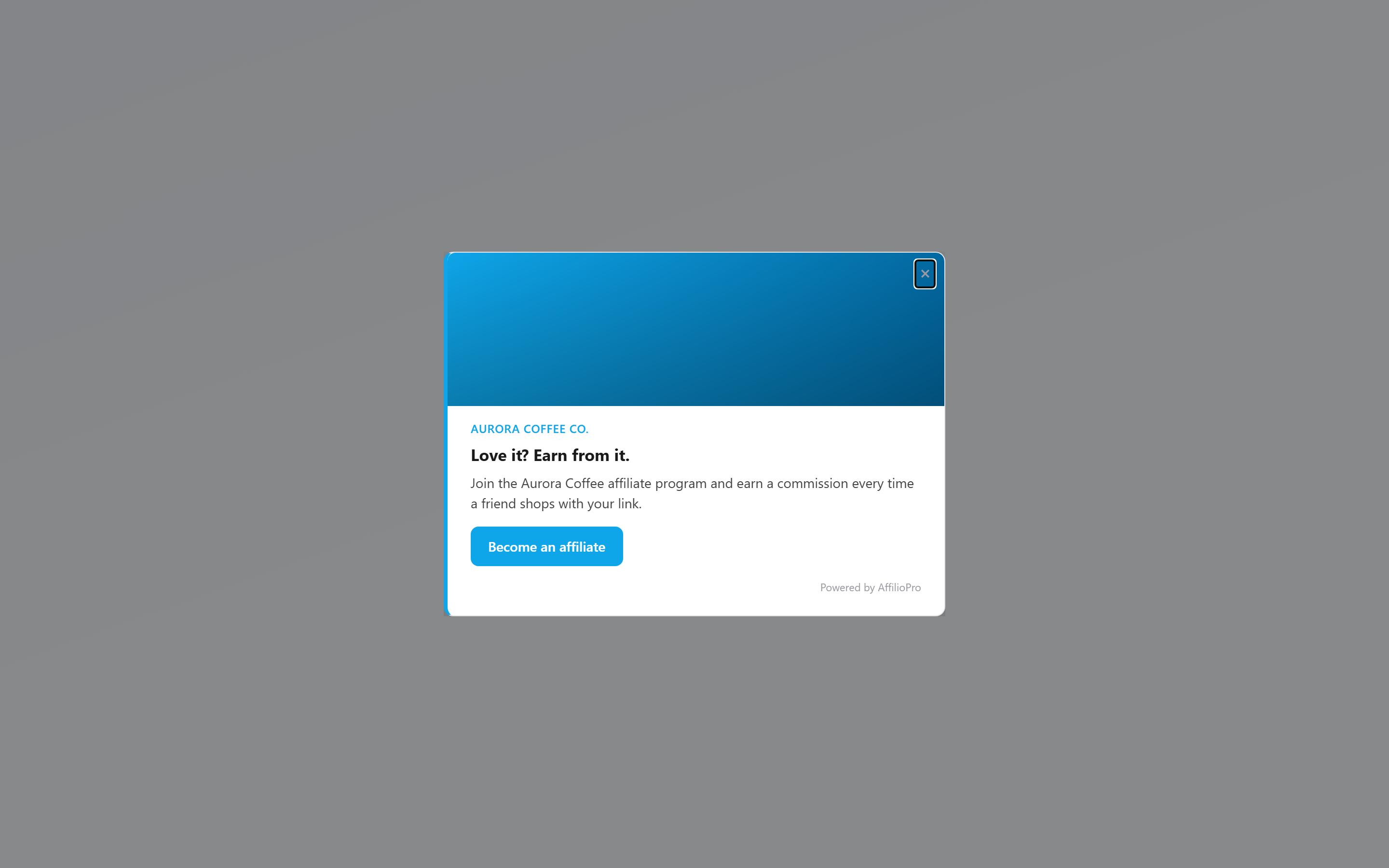 A branded post-purchase popup inviting a shopper to join the store’s affiliate program and earn a commission on referrals.