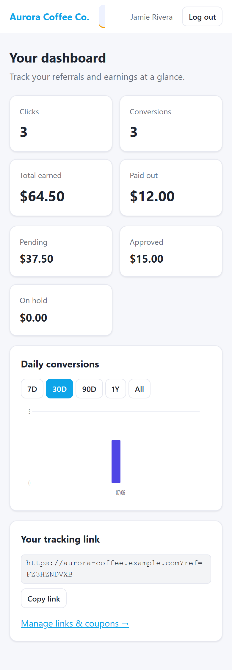 The affiliate portal dashboard rendered on a phone-width screen, showing the stat tiles stacked in a single column.