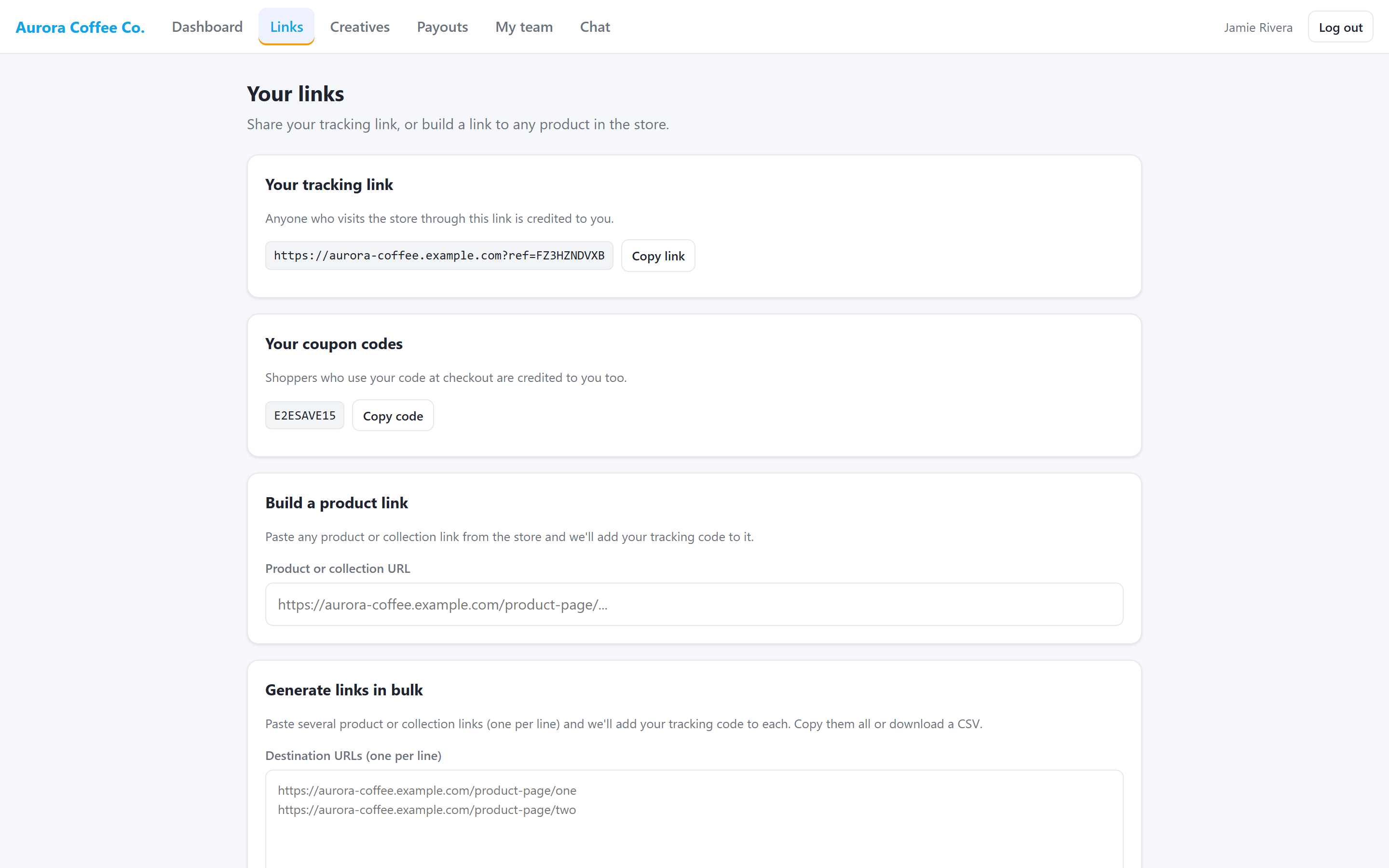Affiliate links page showing the affiliate’s tracking link, coupon code, a product-link builder, and bulk link generator.