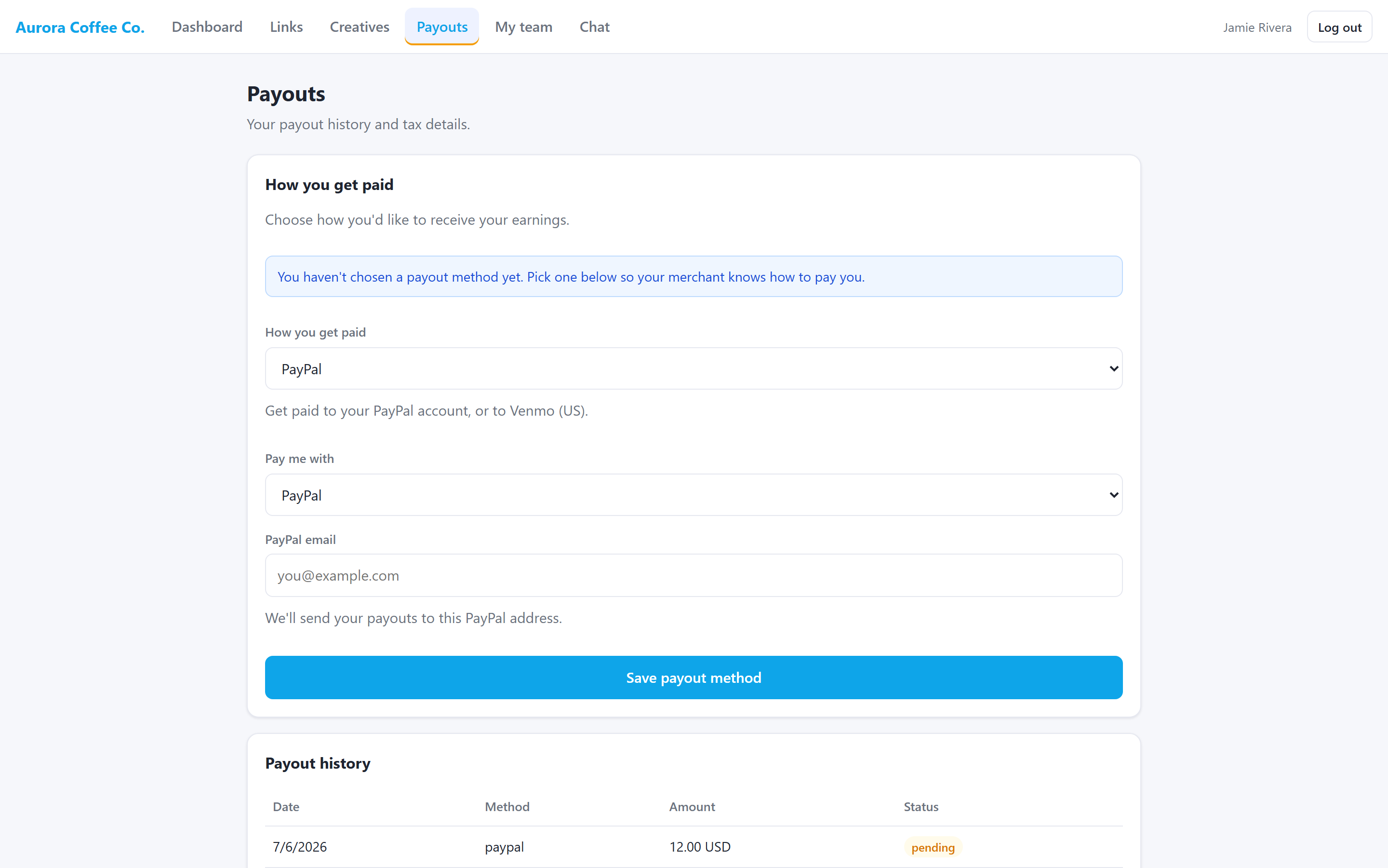 Affiliate payout settings letting an affiliate choose how they get paid — PayPal, Venmo, store credit, or manual — with a payout-history table.